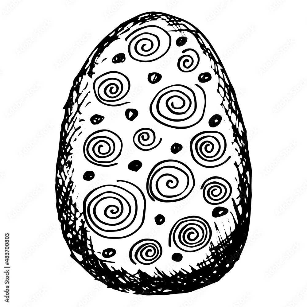Wall mural easter egg with spiral geometric pattern. black and white vector rough sketch isolated on transparen