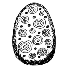 Easter egg with spiral geometric pattern. Black and white vector rough sketch isolated on transparent background