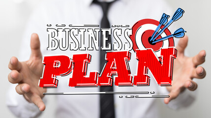 A person presenting a 3D render of Business Plan sign
