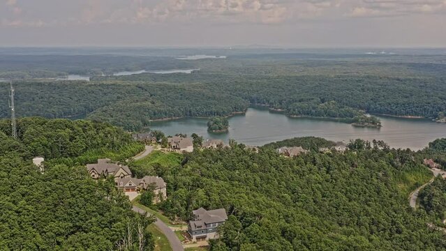 Vineyard Mountain Georgia Aerial v3 drone fly around hillside neighborhood with spectacular view overlooking at pristine lake allatoona, natural water reservoir - August 2021