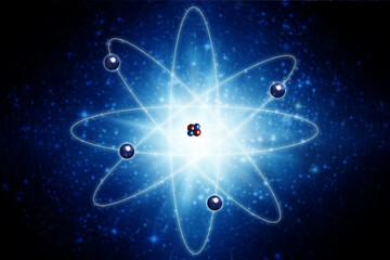 illustration of atom with electrons and protons around the nucleus - obrazy, fototapety, plakaty