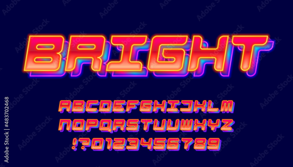 Poster bright alphabet font. glowing neon letters and numbers. stock vector typeface for your typography in