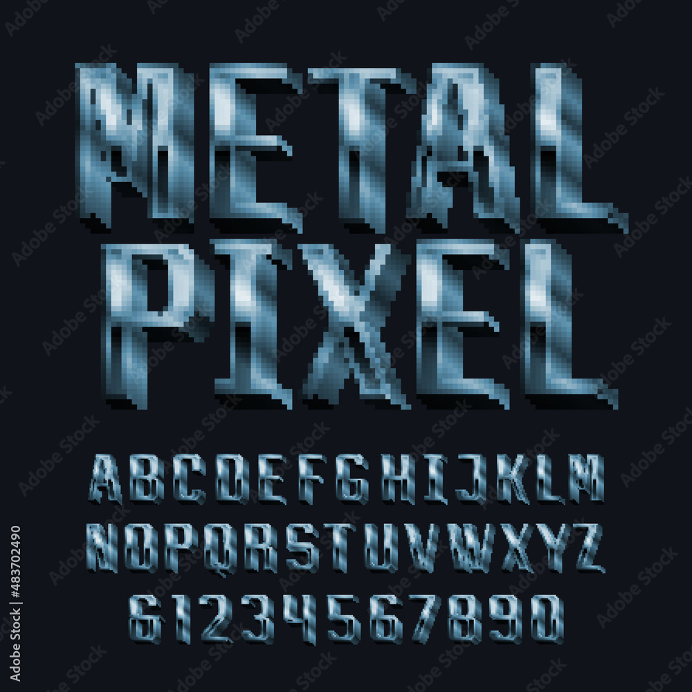 Poster metal pixel alphabet font.3d pixel letters and numbers. 80s arcade video game typeface.