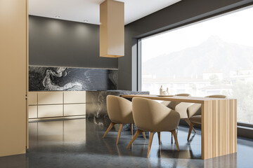 Corner view on dark kitchen room interior with panoramic window