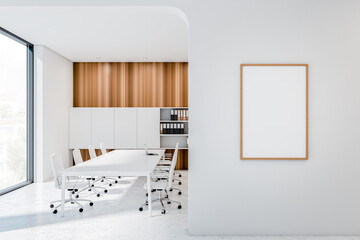 Bright office room interior with empty white poster, panoramic window