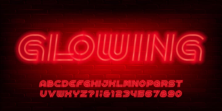 Glowing alphabet font. Red neon light bold letters, numbers and symbols. Stock vector typescript for your design.