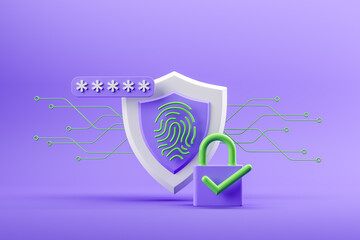 Violet padlock and shield with fingerprint. Password interface to log in. Cyber security, data protection and privacy concept, authorization and authentication. 3D rendering