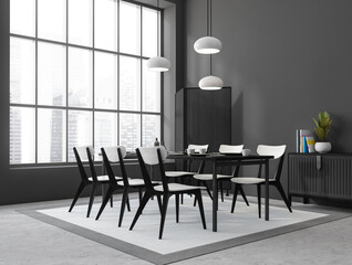 Grey dining interior with seats, drawer and table near panoramic window