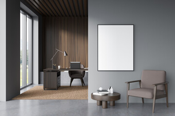 Dark office room interior with empty poster, panoramic window