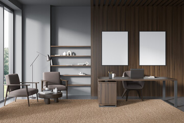 Corner view on dark office interior with two empty poster