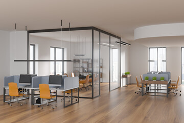 Bright office room interior with panoramic window with city view