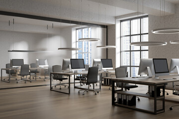 Bright office room interior with workplaces and panoramic windows