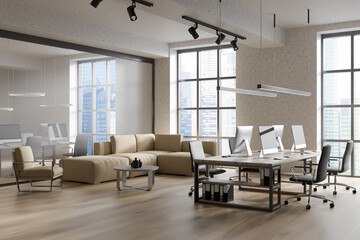 Bright office room interior with workplaces and panoramic windows