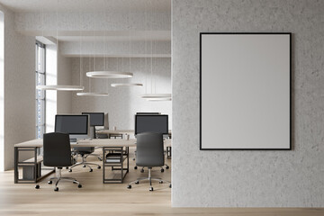 Mockup poster on office wall. Bright room interior with workplaces and panoramic windows