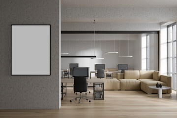 Mockup poster on office wall. Bright room interior with workplaces and panoramic windows