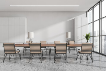 Light office room with minimalist furniture, panoramic windows and mockup