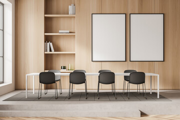 Business room interior with seats with shelf with decoration, mockup posters