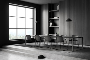 Grey office room interior with chairs, table and shelf near window