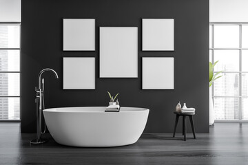 Obraz na płótnie Canvas Modern bathroom interior with ceramic bathtub and five framed posters above tub. Hardwood flooring. Panoramic window. No people. Mockup. 3d rendering.