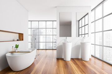Modern bathroom interior with ceramic bathtub and two white sinks. Hardwood flooring. Panoramic window. No people. 3d rendering.