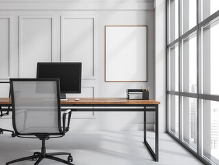 Bright modern office workplace interior with desktop and panoramic window with Singapore skyscrapers city view. Mock up poster.