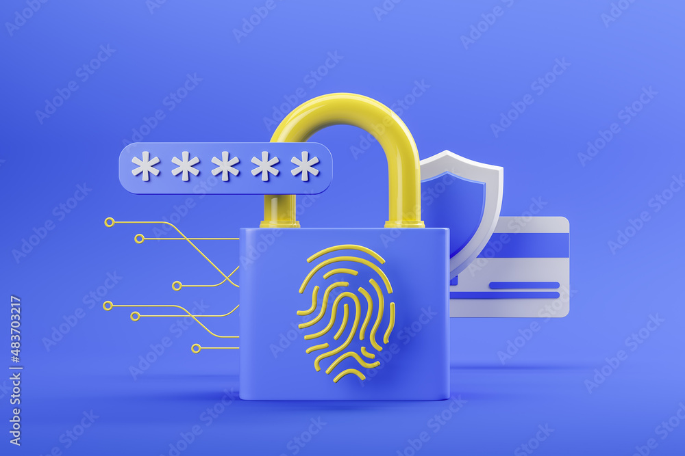 Poster blue padlock with yellow fingerprint, shield, credit card, secure transaction in internet. password 