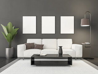 Living room interior with couch in dark room, mockup posters