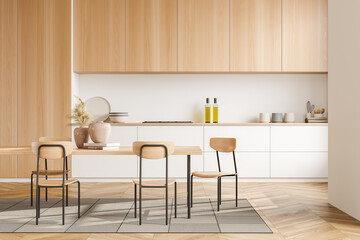 Bright kitchen interior with dining table, three chairs