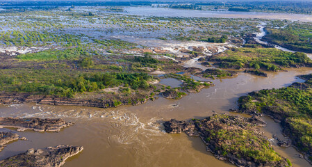 Aerial panoramic 4000 islands Mekong River in Laos, Li Phi waterfalls, famous travel destination backpacker in South East Asia.