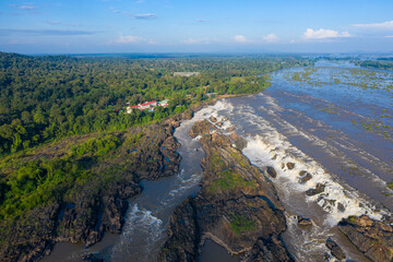Fototapeta na wymiar Aerial panoramic 4000 islands Mekong River in Laos, Li Phi waterfalls, famous travel destination backpacker in South East Asia.