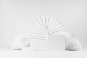 Elegant minimalist simple scene mockup with set of three white rectangle box podiums template for...