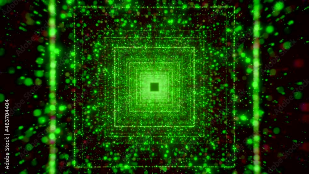 Poster abstract background with flying into digital tunnel of flickering particles, seamless loop. motion. 