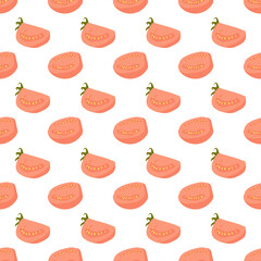 Vector seamless pattern with doodle pieces red tomatoes on white background. Hand drawn flat tomatoe.