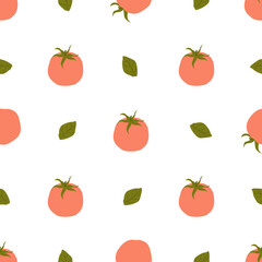 Seamless pattern with doodle eco raw red tomato and green basil leaf on white background. Vegetarian food