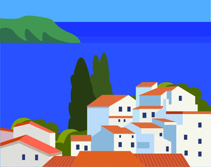 Mediterranean landscape with white town flat style vector illustration - 483704640