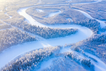 Winter landscape. Aerial view. Landscape with winding river and snowy forest in Western Siberia. Agan River, Yugra - 483704886