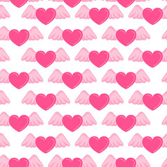 Seamless banner of pink hearts with wings isolated on white background. Valentine s day background. Romantic print for fabric, textile, valentine.