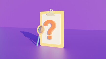 faq frequently asked question concept with big question mark and clipboard with magnifying zoom tools . 3d illustration rendering