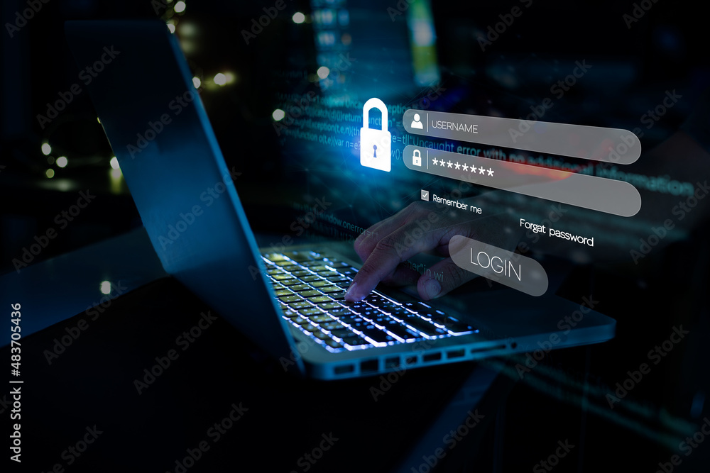 Poster businessman typing login and password cybersecurity concept data protection and secure internet acce