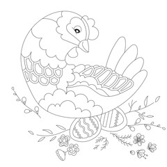 Traditional bird hen and eggs for season design. Cute Easter decor. Spring festive elements. Black and white.  Hand drawn illustration in zentangle style for children and adults, tattoo.