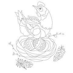 Traditional bird hen and eggs for season design. Cute Easter decor. Spring festive elements. Black and white.  Hand drawn illustration in zentangle style for children and adults, tattoo.