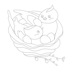 Two birds and eggs in nest for season design. Cute Easter decor. Spring festive elements. Black and white.  Hand drawn illustration in zentangle style for children and adults, tattoo.