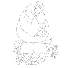 Traditional bird hen and eggs for season design. Cute Easter decor. Spring festive elements. Black and white.  Hand drawn illustration in zentangle style for children and adults, tattoo.
