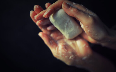 Bare hands in lather and soap. Hand hygiene. To wash hands. Disinfection with soap protection...