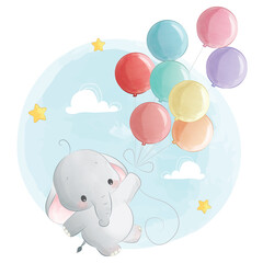 Baby Elephant Flying with Balloons
