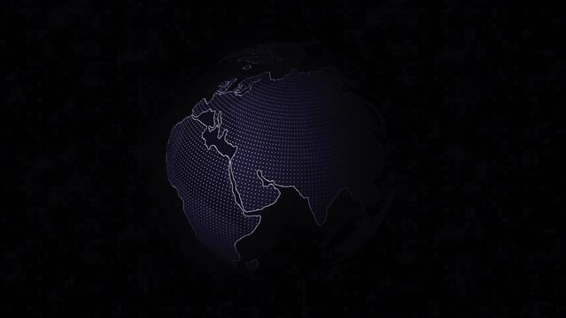 Black futage with abstraction. Motion. The background on which the hemisphere is highlighted in blue and dark purple as the earth with a dedicated territory.