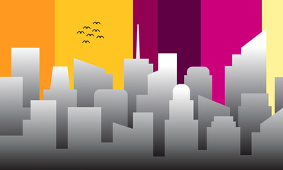 Cityscape illustration with colorful sky. City silhouette vector for banner, flyer, background template, or presentation