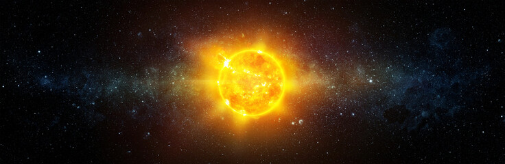 Panoramic view of the Sun, star and galaxy. The sun shines in space. A wide view of the sun and...
