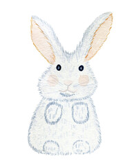 White watercolor bunny. Hand drawn illustration of a cute rabbit on an isolated background. Easter card and fabric print. Forest animal. Drawing for children.