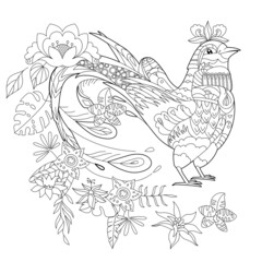 Fototapeta na wymiar Contour linear illustration for coloring book with paradise bird in flowers. Tropic bird, anti stress picture. Line art design for adult or kids in zen-tangle style, tattoo and coloring page.